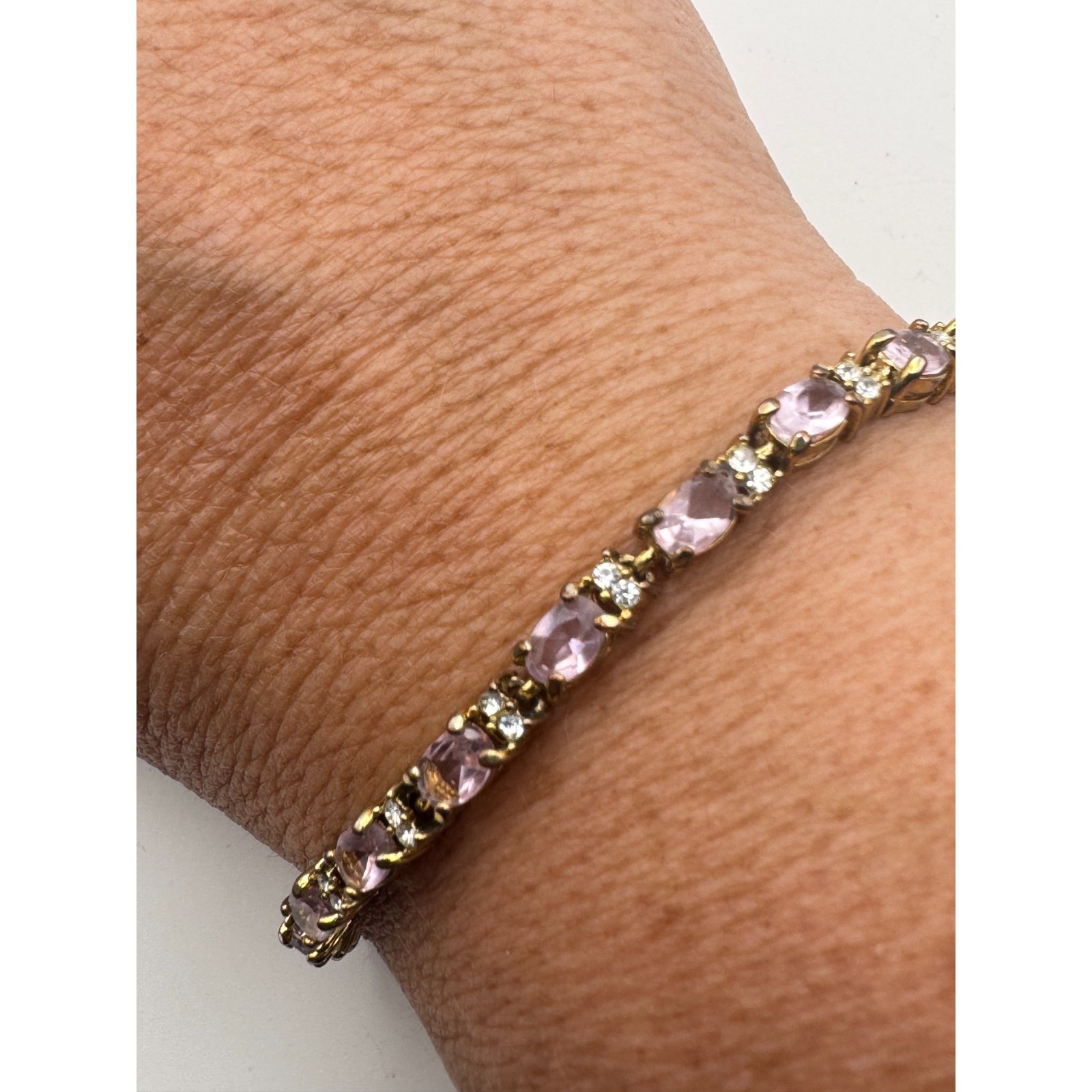 Vintage Avon Tennis Bracelet Pink Glass Rhinestone Gold Tone